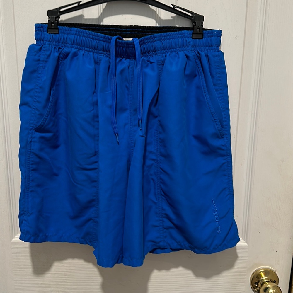 SPEEDO Swim Trunks Large mesh lining blue zippered back pocket